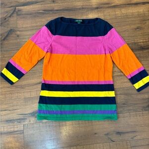 Ralph Lauren Boat Neck 3/4 Sleeve Shirt Size small Silk Blend Colorful Stripes